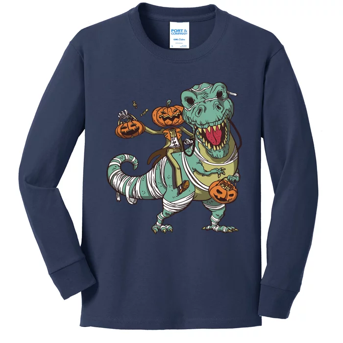 Jack O Lantern Riding T Rex Kids Long Sleeve Shirt