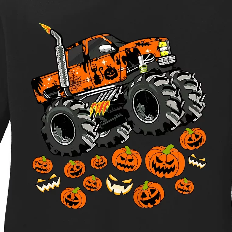 Jack O Lantern Pumpkin Monster Truck Halloween Costume Ladies Long Sleeve Shirt