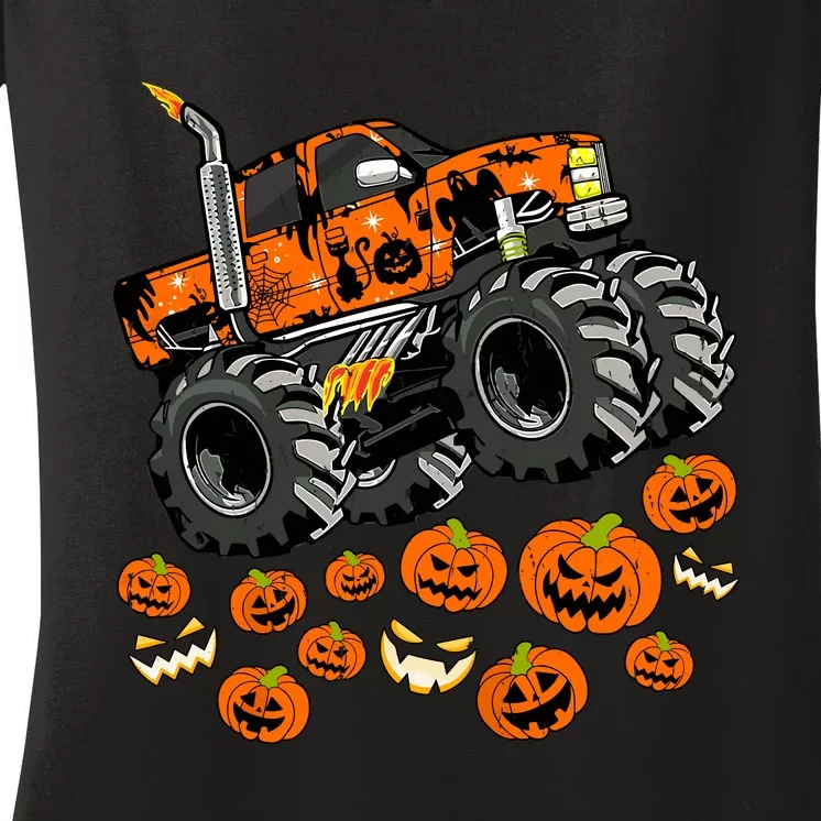 Jack O Lantern Pumpkin Monster Truck Halloween Costume Women's V-Neck T-Shirt