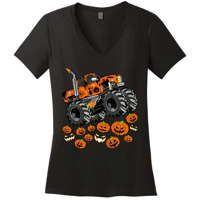 Jack O Lantern Pumpkin Monster Truck Halloween Costume Women's V-Neck T-Shirt