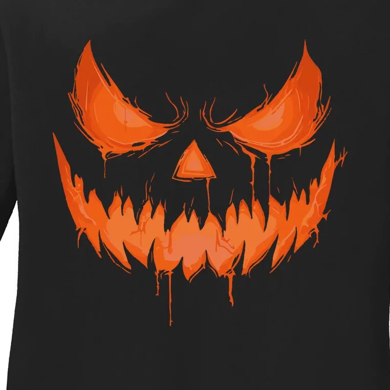 Jack O Lantern Scary Spooky Carved Halloween Pumpkin Face Ladies Long Sleeve Shirt