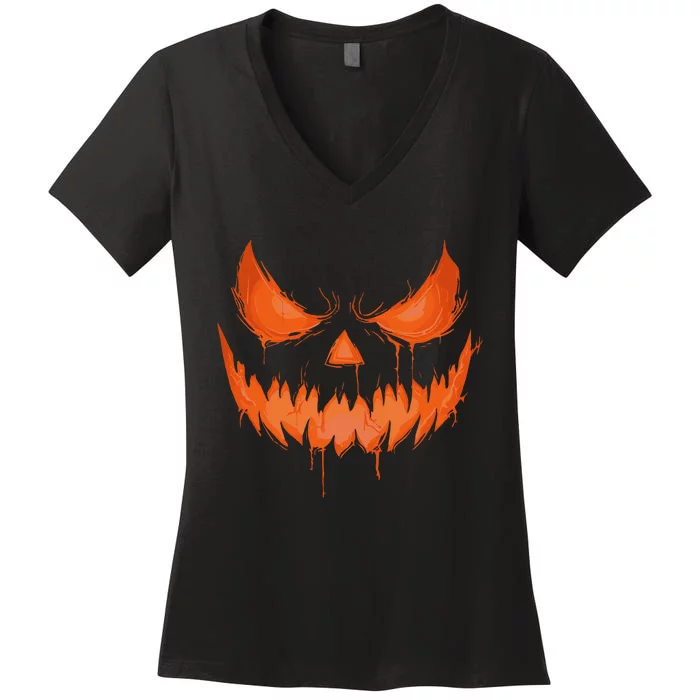 Jack O Lantern Scary Spooky Carved Halloween Pumpkin Face Women's V-Neck T-Shirt