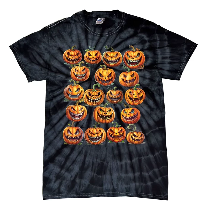 Jack O Lantern Scary Carved Pumpkin Faces Halloween Tie-Dye T-Shirt