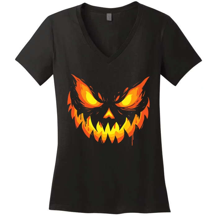 Jack O Lantern Scary Carved Pumpkin Face Halloween Women's V-Neck T-Shirt