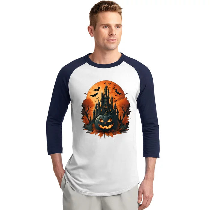 Jack O Lantern Face | Halloween Pumpkin | Spooky Baseball Sleeve Shirt