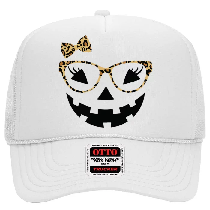 Jack O Lantern Face Leopard Glasses Halloween Pumpkin Women High Crown Mesh Trucker Hat