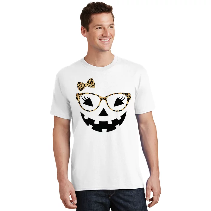 Jack O Lantern Face Leopard Glasses Halloween Pumpkin Women T-Shirt