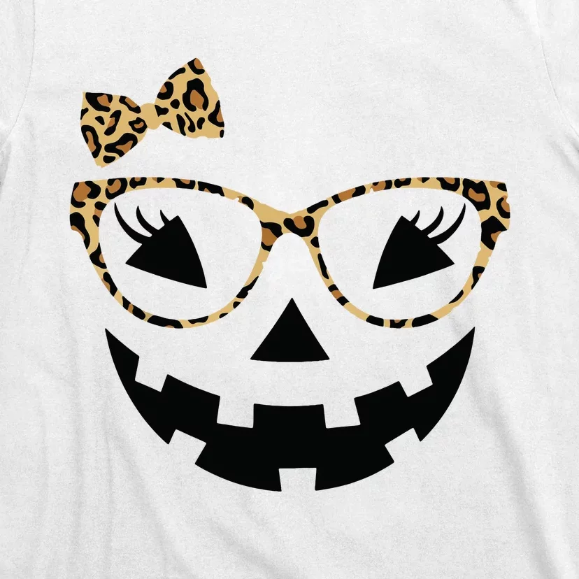 Jack O Lantern Face Leopard Glasses Halloween Pumpkin Women T-Shirt