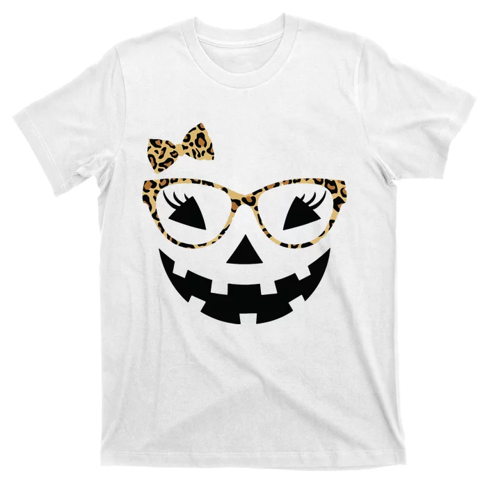 Jack O Lantern Face Leopard Glasses Halloween Pumpkin Women T-Shirt