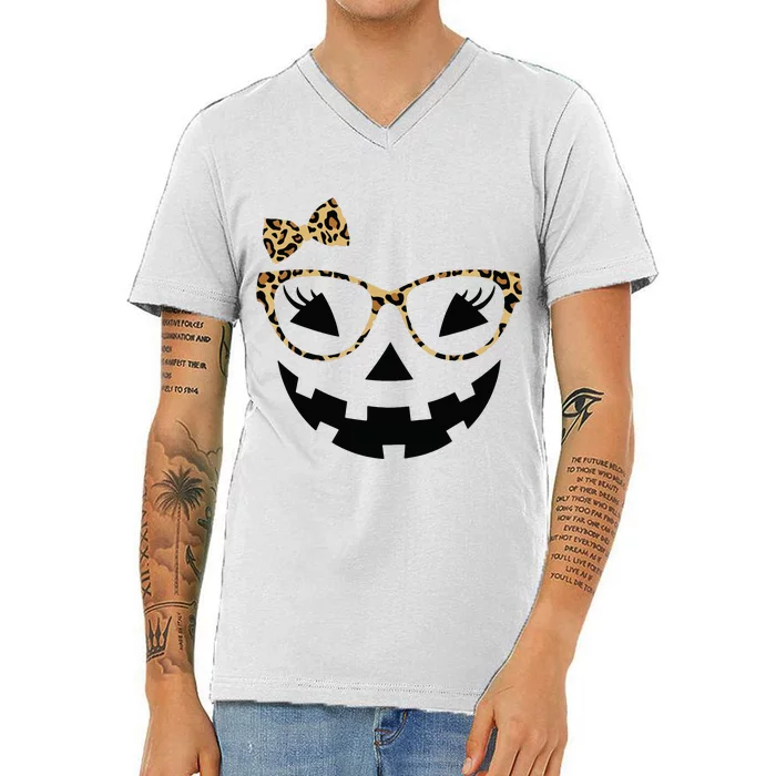 Jack O Lantern Face Leopard Glasses Halloween Pumpkin Women V-Neck T-Shirt