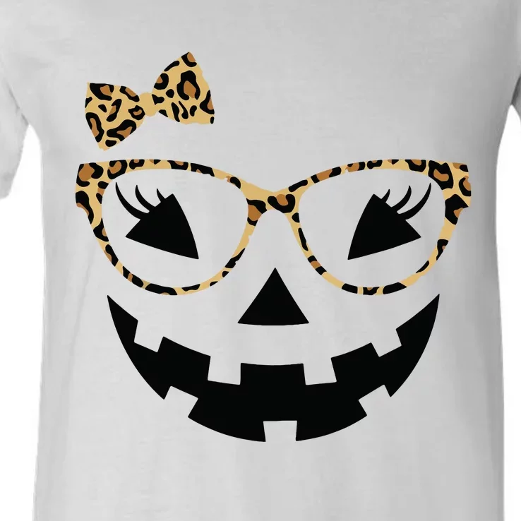 Jack O Lantern Face Leopard Glasses Halloween Pumpkin Women V-Neck T-Shirt