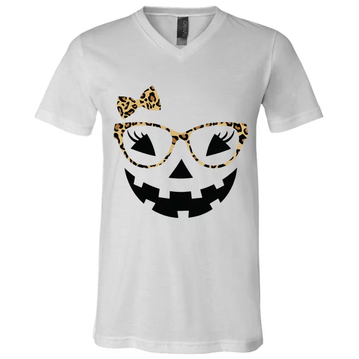 Jack O Lantern Face Leopard Glasses Halloween Pumpkin Women V-Neck T-Shirt