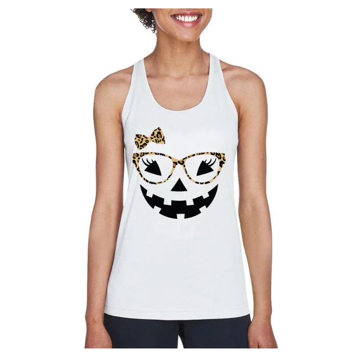 Jack O Lantern Face Leopard Glasses Halloween Pumpkin Women Women's Racerback Tank