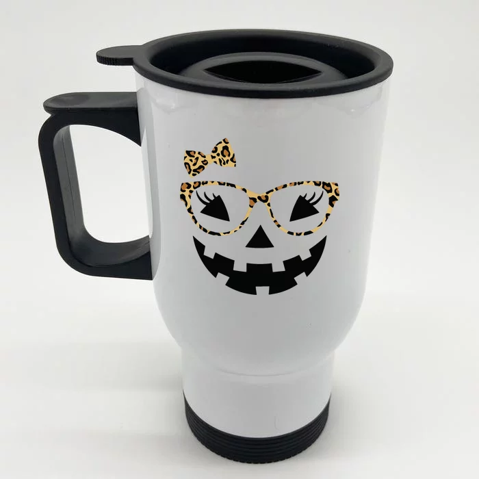 Jack O Lantern Face Leopard Glasses Halloween Pumpkin Women Front & Back Stainless Steel Travel Mug