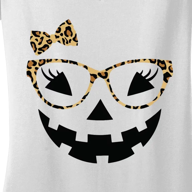 Jack O Lantern Face Leopard Glasses Halloween Pumpkin Women Women's V-Neck T-Shirt