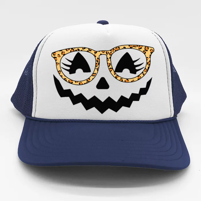 Jack O Lantern Face Pumpkin Halloween Leopard Print Glasses Trucker Hat