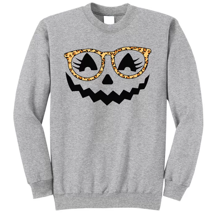 Jack O Lantern Face Pumpkin Halloween Leopard Print Glasses Tall Sweatshirt