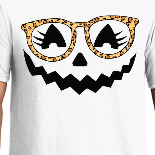 Jack O Lantern Face Pumpkin Halloween Leopard Print Glasses Pajama Set