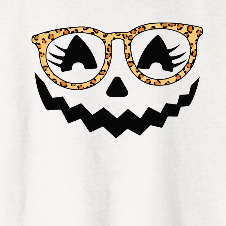 Jack O Lantern Face Pumpkin Halloween Leopard Print Glasses Women's Crop Top Tee