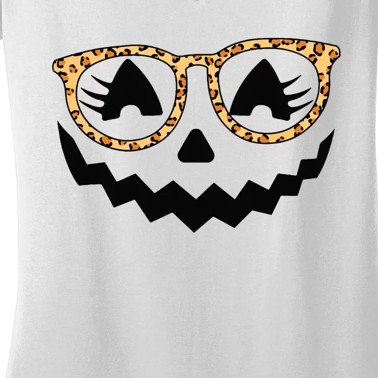 Jack O Lantern Face Pumpkin Halloween Leopard Print Glasses Women's V-Neck T-Shirt