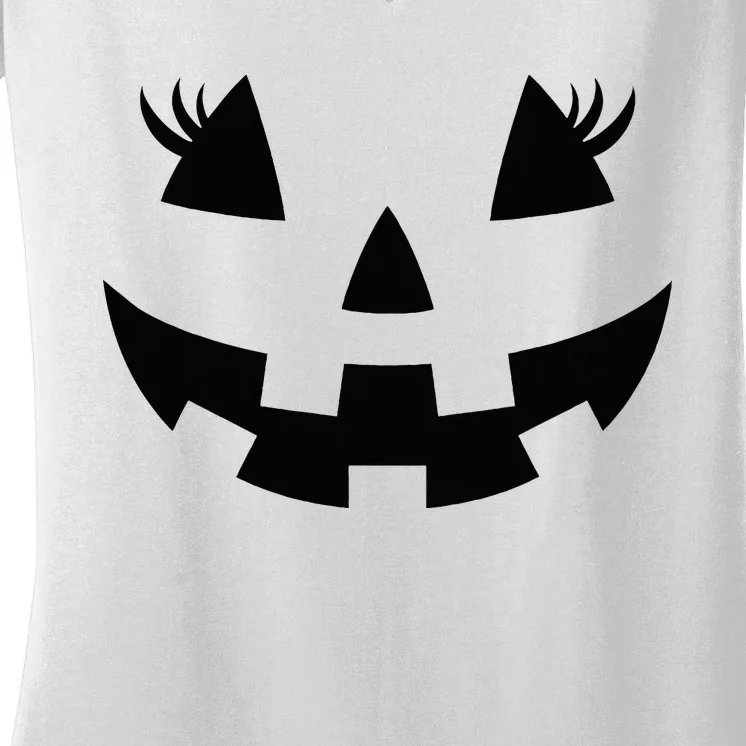 Jack O Lantern Face Pumpkin Eyelashes Hallowen Costume Funny Women's V-Neck T-Shirt