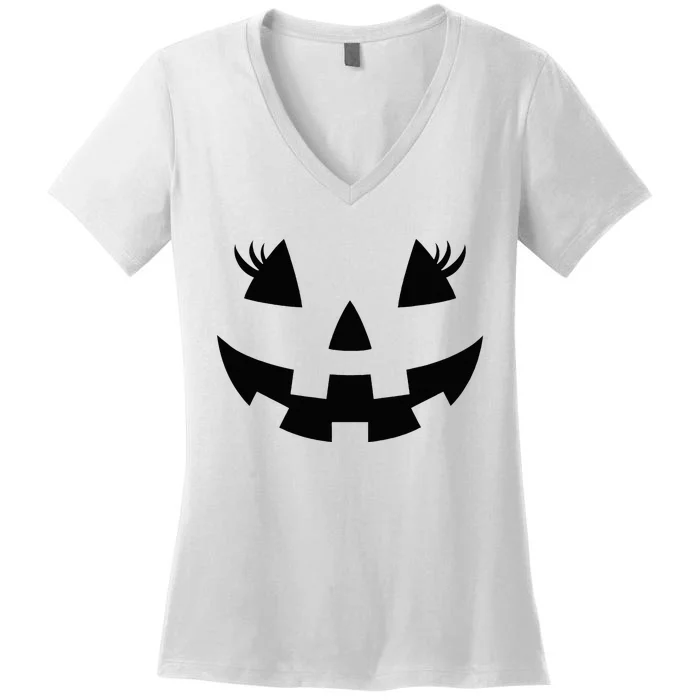 Jack O Lantern Face Pumpkin Eyelashes Hallowen Costume Funny Women's V-Neck T-Shirt