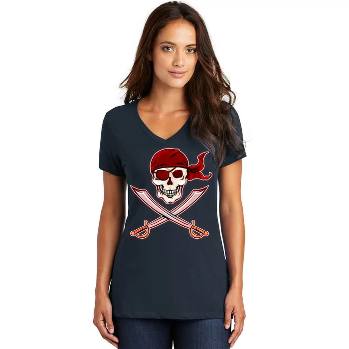 Jolly Roger Pirate Skull Flag Logo Women's V-Neck T-Shirt