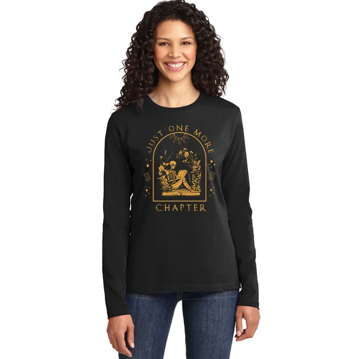 Just One More Chapter Vintage Skeleton Reading Book Reader Ladies Long Sleeve Shirt