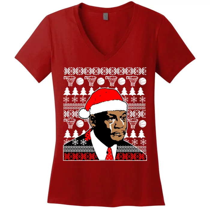 Jordan Crying Meme Ugly Christmas Sweater Design Women's V-Neck T-Shirt