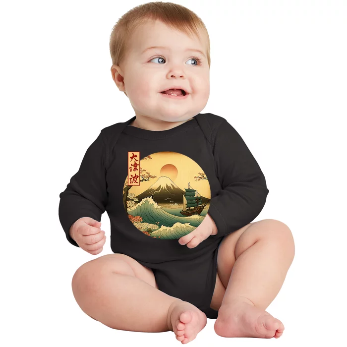 Japanese Old Ship And Mountain Fuji Kanji Japan Art Baby Long Sleeve Bodysuit