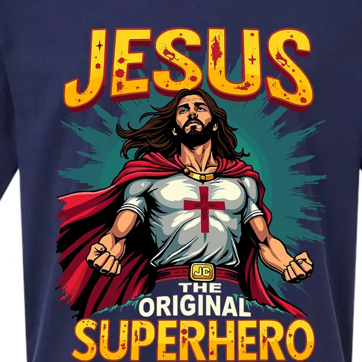 Jesus Original Superhero Comic Style Funny Christian Sueded Cloud Jersey T-Shirt