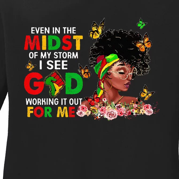 Juneteenth Outfit Wo Flowers butterfly Even in the midst Ladies Long Sleeve Shirt