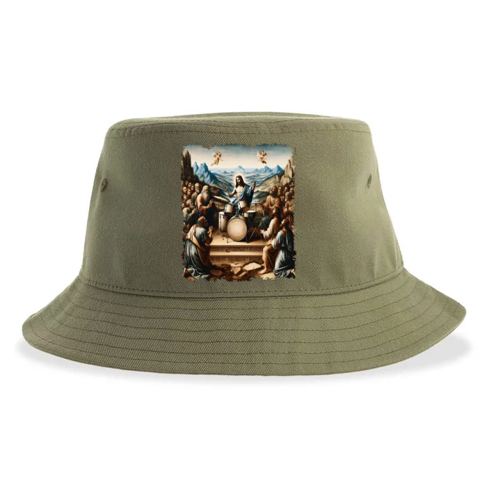 Jesus Playing Drums Funny Christian Drummer Painting Sustainable Bucket Hat