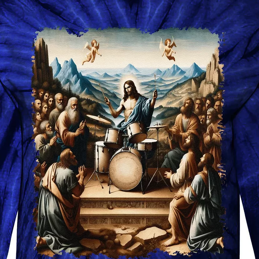 Jesus Playing Drums Funny Christian Drummer Painting Tie-Dye Long Sleeve Shirt