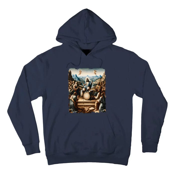 Jesus Playing Drums Funny Christian Drummer Painting Tall Hoodie