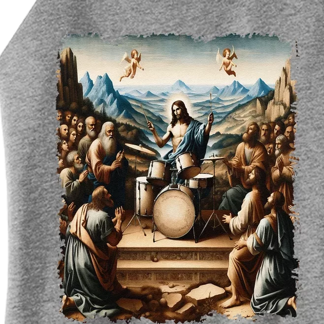 Jesus Playing Drums Funny Christian Drummer Painting Women’s Perfect Tri Rocker Tank