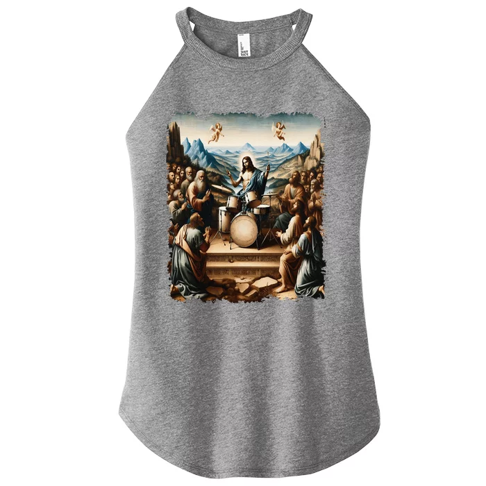 Jesus Playing Drums Funny Christian Drummer Painting Women’s Perfect Tri Rocker Tank