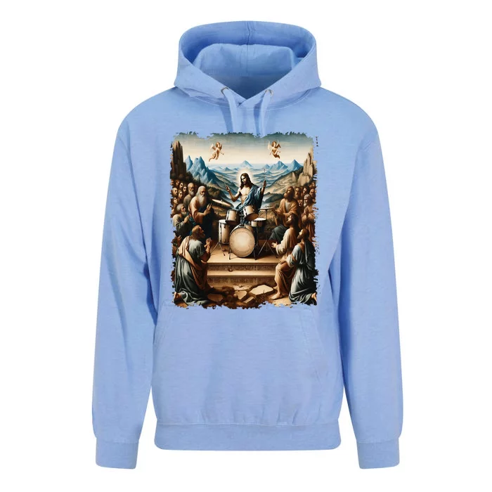 Jesus Playing Drums Funny Christian Drummer Painting Unisex Surf Hoodie