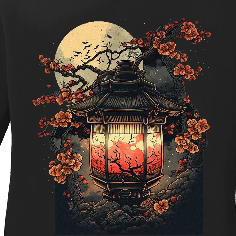 Japanese Pagoda Lantern Japan Art Sakura Blossom Zen Art Ladies Long Sleeve Shirt