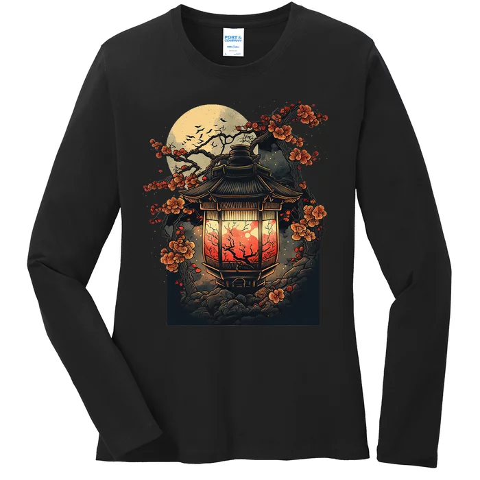 Japanese Pagoda Lantern Japan Art Sakura Blossom Zen Art Ladies Long Sleeve Shirt