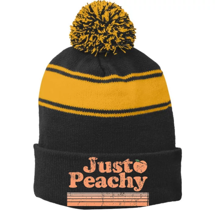 Just Peachy Retro 70s Georgia Peaches Summer Fruit Stripe Pom Pom Beanie