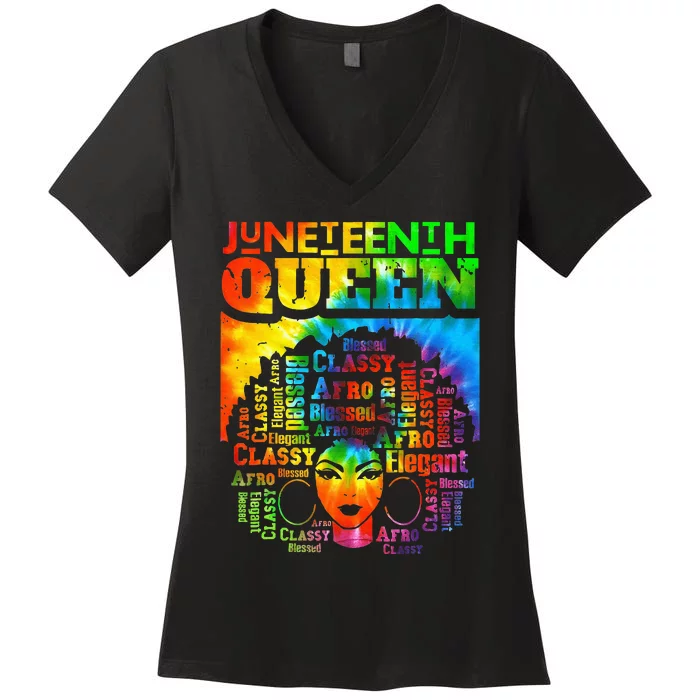 Juneteenth Queen Afro Melanin Black Girl Magic Tie Dye Women's V-Neck T-Shirt