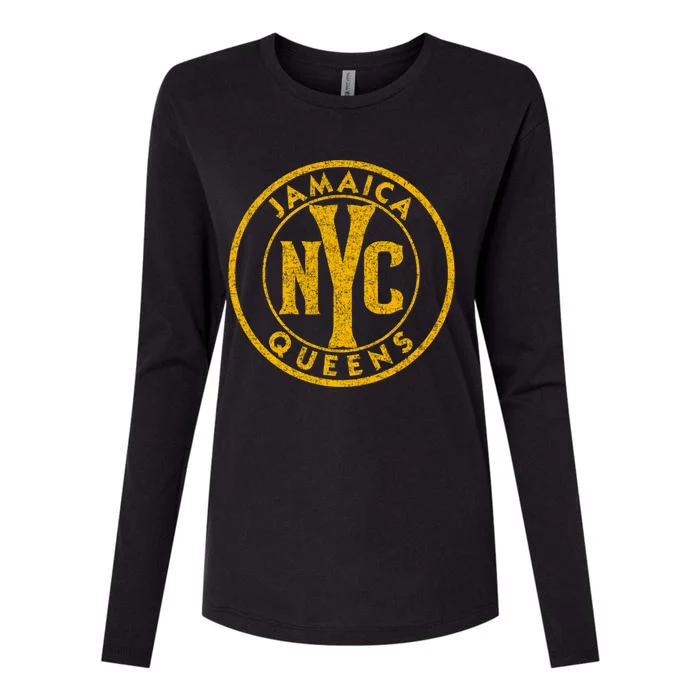 Jamaica Queens Nyc Vintage Sign Distressed Amber Print Funny Gift Womens Cotton Relaxed Long Sleeve T-Shirt