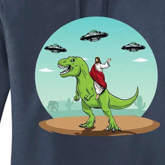 Jesus Riding A Dinosaur Funny Bigfoot UFO Alien Abduction Women's Pullover Hoodie