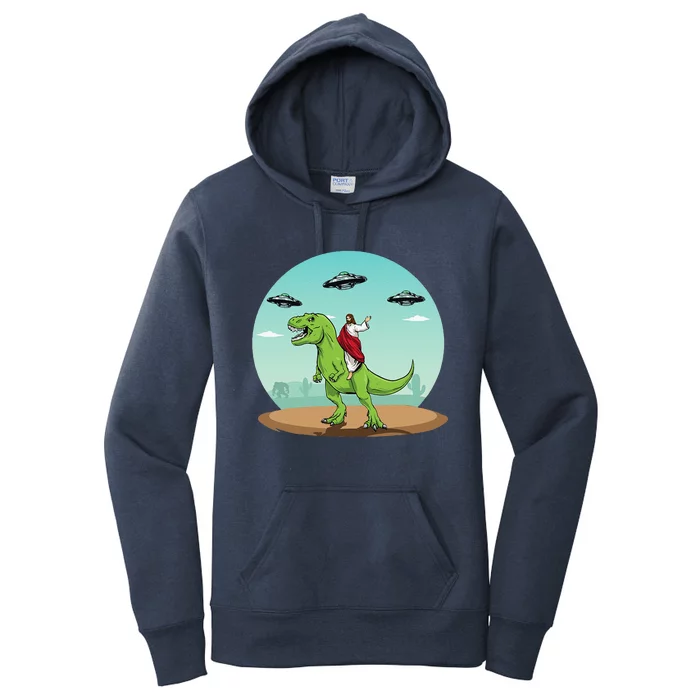 Jesus Riding A Dinosaur Funny Bigfoot UFO Alien Abduction Women's Pullover Hoodie