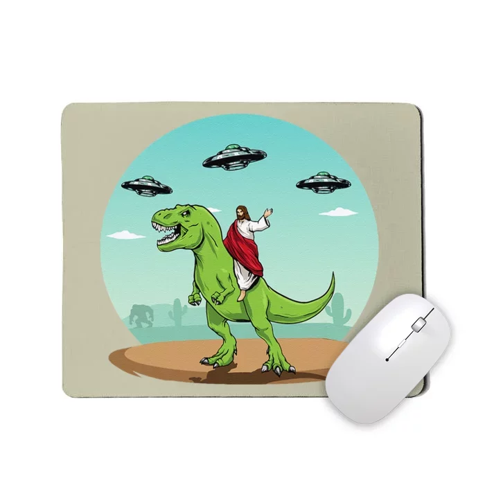 Jesus Riding A Dinosaur Funny Bigfoot UFO Alien Abduction Mousepad