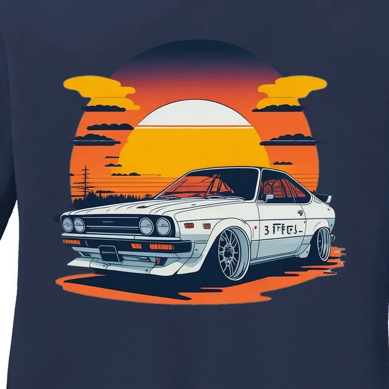 Jdm Retro Car And Sunset Ladies Long Sleeve Shirt