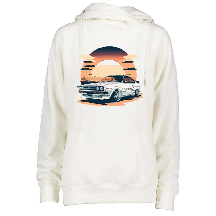 Jdm Retro Car And Sunset Womens Funnel Neck Pullover Hood