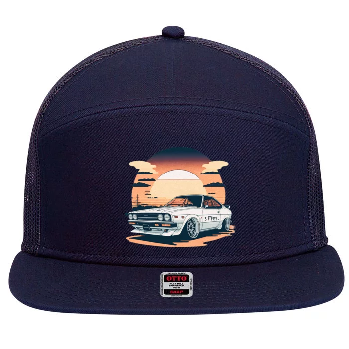 Jdm Retro Car And Sunset 7 Panel Mesh Trucker Snapback Hat