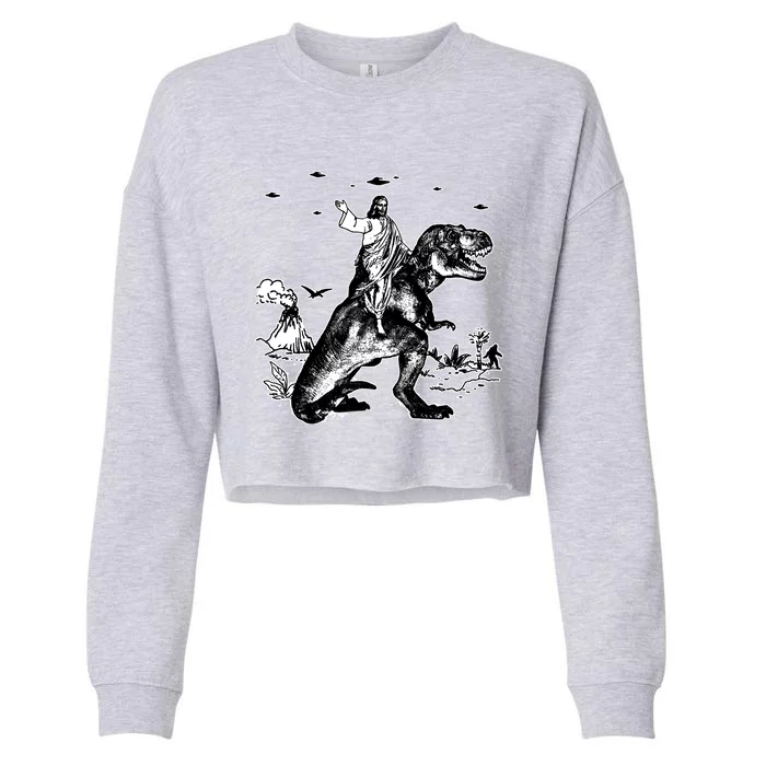 Jesus Riding Dinosaur Funny Ufo Cropped Pullover Crew